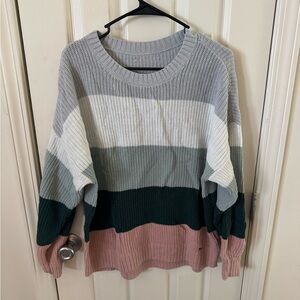 Hollister Chunky Striped Knit Sweater Oversized Gray Sage Pink Colorblock